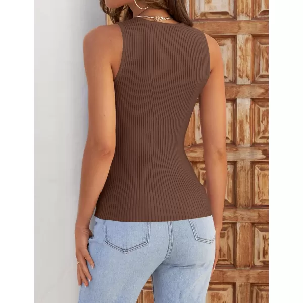 imageZESICA Womens Ribbed Tank Tops 2024 Summer Sleeveless High Neck Casual Slim Fitted Basic Knit ShirtsBrown
