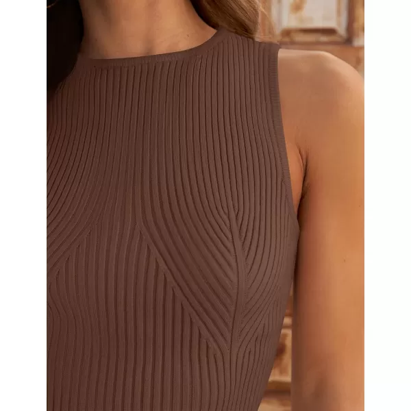 imageZESICA Womens Ribbed Tank Tops 2024 Summer Sleeveless High Neck Casual Slim Fitted Basic Knit ShirtsBrown