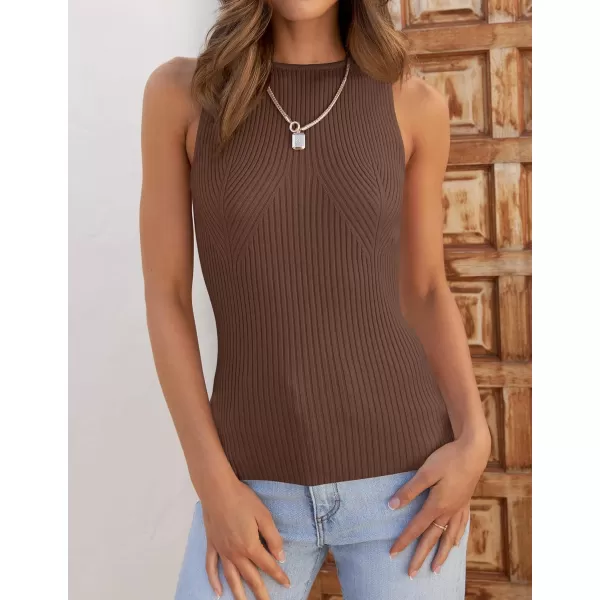 imageZESICA Womens Ribbed Tank Tops 2024 Summer Sleeveless High Neck Casual Slim Fitted Basic Knit ShirtsBrown
