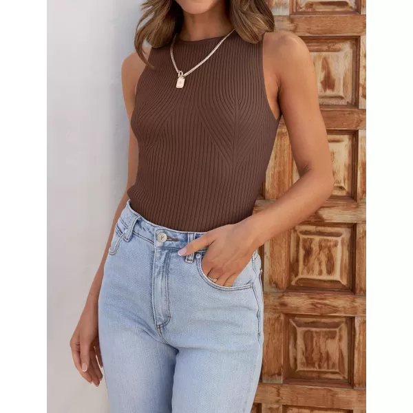 imageZESICA Womens Ribbed Tank Tops 2024 Summer Sleeveless High Neck Casual Slim Fitted Basic Knit ShirtsBrown