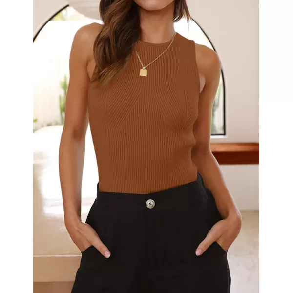 imageZESICA Womens Ribbed Tank Tops 2024 Summer Sleeveless High Neck Casual Slim Fitted Basic Knit ShirtsDarkbrown