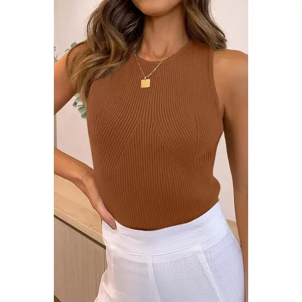 imageZESICA Womens Ribbed Tank Tops 2024 Summer Sleeveless High Neck Casual Slim Fitted Basic Knit ShirtsDarkbrown