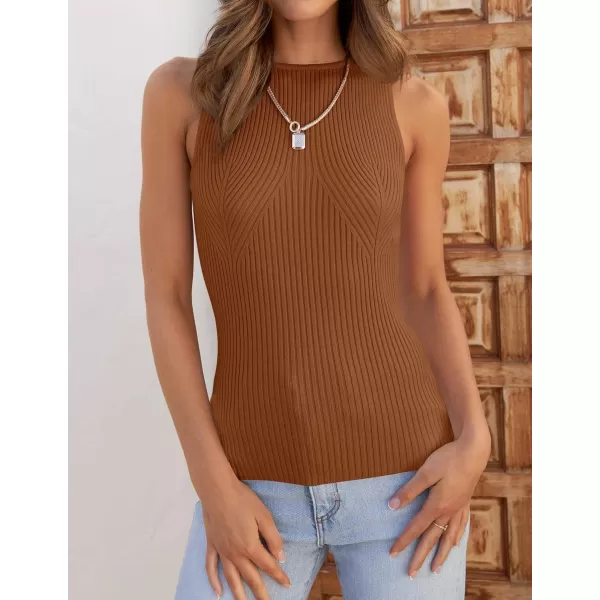 imageZESICA Womens Ribbed Tank Tops 2024 Summer Sleeveless High Neck Casual Slim Fitted Basic Knit ShirtsDarkbrown