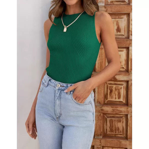 imageZESICA Womens Ribbed Tank Tops 2024 Summer Sleeveless High Neck Casual Slim Fitted Basic Knit ShirtsGreen