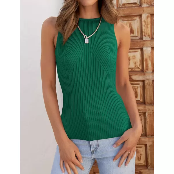 imageZESICA Womens Ribbed Tank Tops 2024 Summer Sleeveless High Neck Casual Slim Fitted Basic Knit ShirtsGreen
