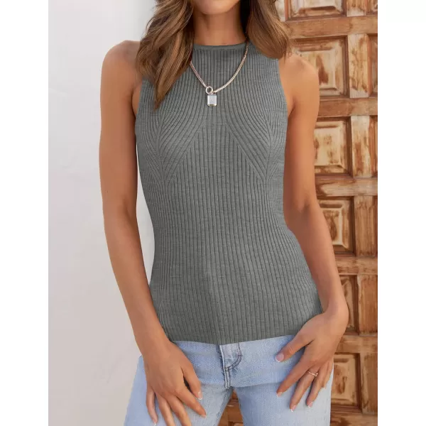 imageZESICA Womens Ribbed Tank Tops 2024 Summer Sleeveless High Neck Casual Slim Fitted Basic Knit ShirtsGrey