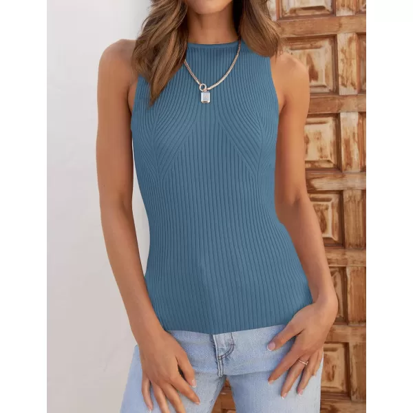 imageZESICA Womens Ribbed Tank Tops 2024 Summer Sleeveless High Neck Casual Slim Fitted Basic Knit ShirtsGreyblue
