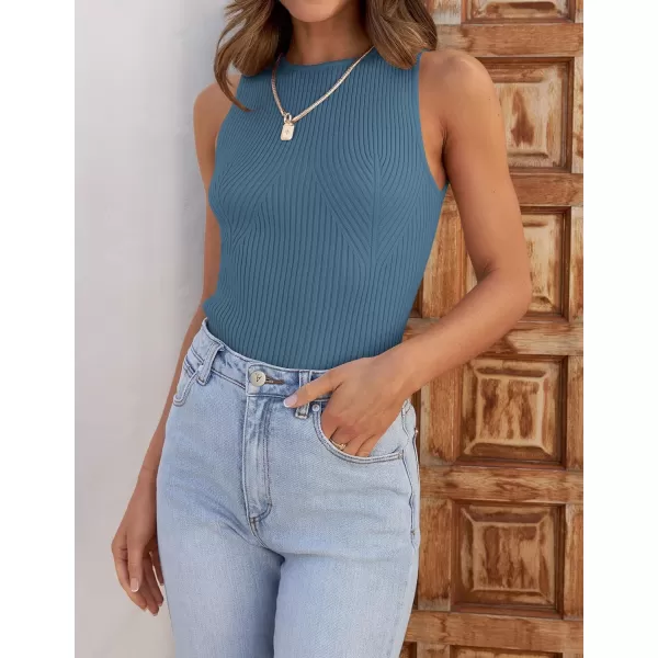 imageZESICA Womens Ribbed Tank Tops 2024 Summer Sleeveless High Neck Casual Slim Fitted Basic Knit ShirtsGreyblue