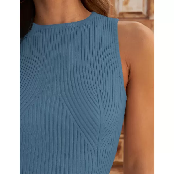 imageZESICA Womens Ribbed Tank Tops 2024 Summer Sleeveless High Neck Casual Slim Fitted Basic Knit ShirtsGreyblue