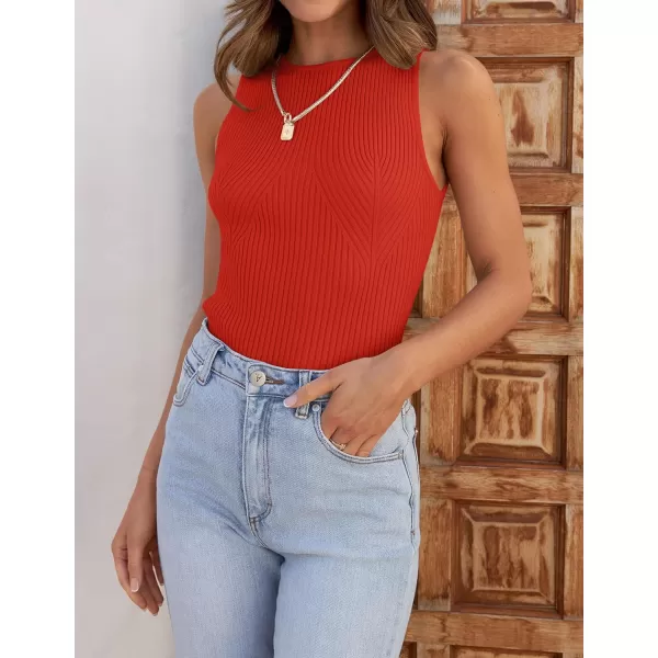 imageZESICA Womens Ribbed Tank Tops 2024 Summer Sleeveless High Neck Casual Slim Fitted Basic Knit ShirtsOrangered
