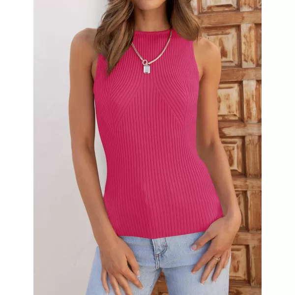 imageZESICA Womens Ribbed Tank Tops 2024 Summer Sleeveless High Neck Casual Slim Fitted Basic Knit ShirtsRose