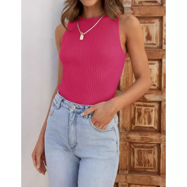 imageZESICA Womens Ribbed Tank Tops 2024 Summer Sleeveless High Neck Casual Slim Fitted Basic Knit ShirtsRose