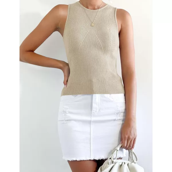 imageZESICA Womens Ribbed Tank Tops 2024 Summer Sleeveless High Neck Casual Slim Fitted Basic Knit ShirtsSand