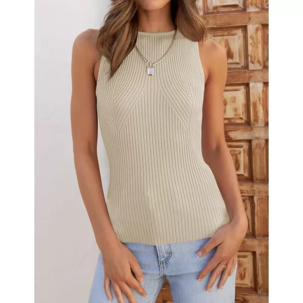 imageZESICA Womens Ribbed Tank Tops 2024 Summer Sleeveless High Neck Casual Slim Fitted Basic Knit ShirtsSand