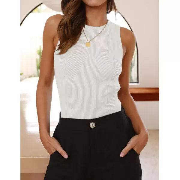 imageZESICA Womens Ribbed Tank Tops 2024 Summer Sleeveless High Neck Casual Slim Fitted Basic Knit ShirtsWhite