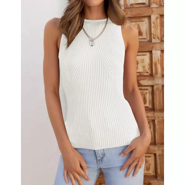 imageZESICA Womens Ribbed Tank Tops 2024 Summer Sleeveless High Neck Casual Slim Fitted Basic Knit ShirtsWhite