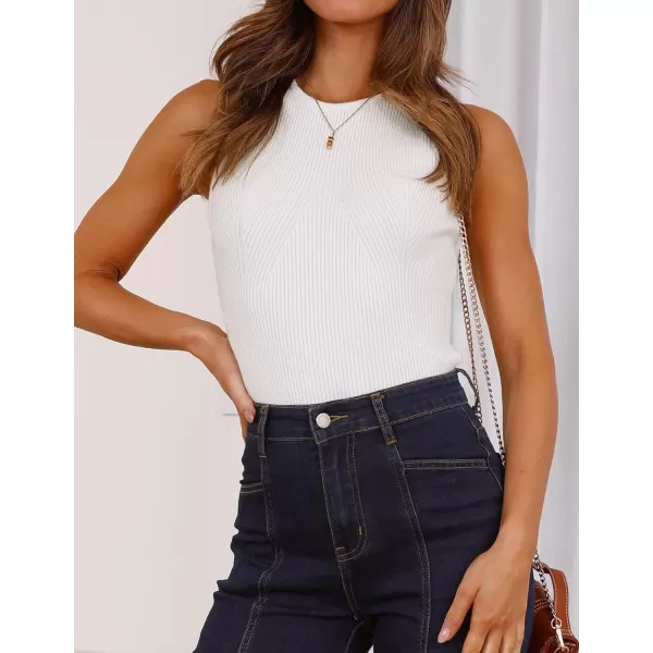 imageZESICA Womens Ribbed Tank Tops 2024 Summer Sleeveless High Neck Casual Slim Fitted Basic Knit ShirtsWhite