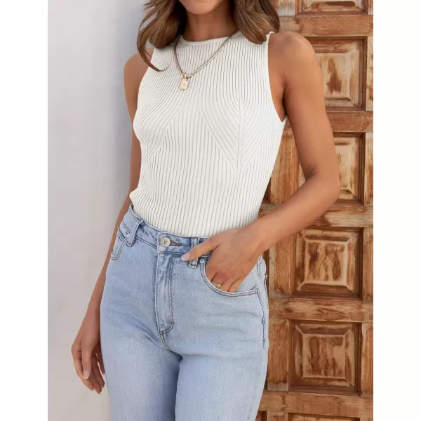 imageZESICA Womens Ribbed Tank Tops 2024 Summer Sleeveless High Neck Casual Slim Fitted Basic Knit ShirtsWhite
