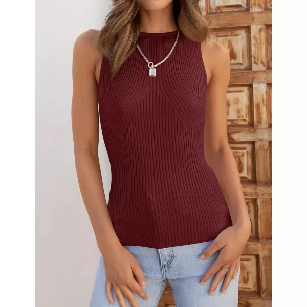 imageZESICA Womens Ribbed Tank Tops 2024 Summer Sleeveless High Neck Casual Slim Fitted Basic Knit ShirtsWine