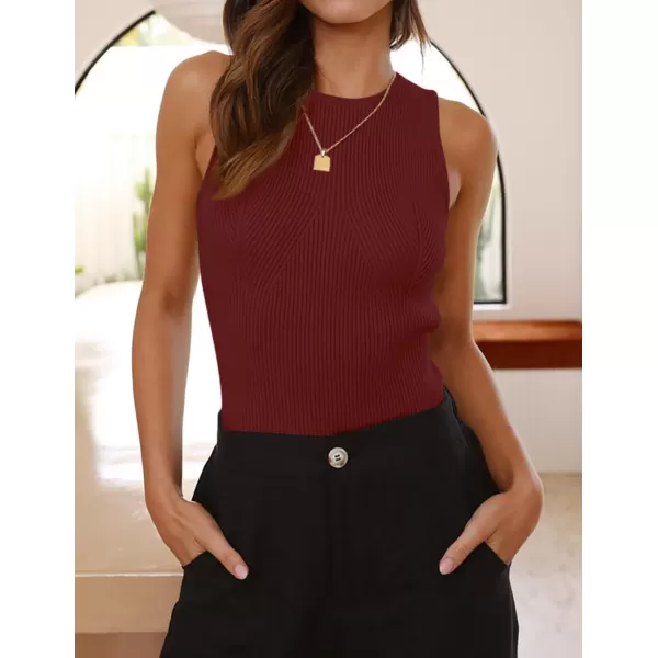 imageZESICA Womens Ribbed Tank Tops 2024 Summer Sleeveless High Neck Casual Slim Fitted Basic Knit ShirtsWine