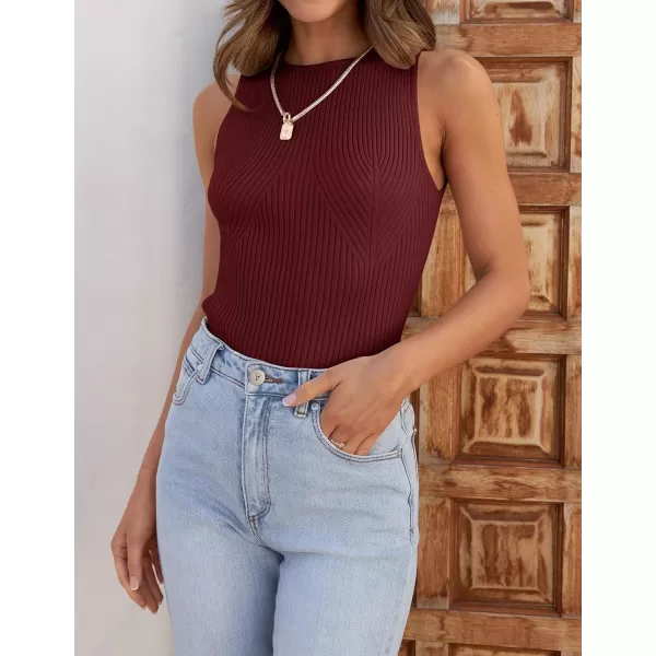 imageZESICA Womens Ribbed Tank Tops 2024 Summer Sleeveless High Neck Casual Slim Fitted Basic Knit ShirtsWine