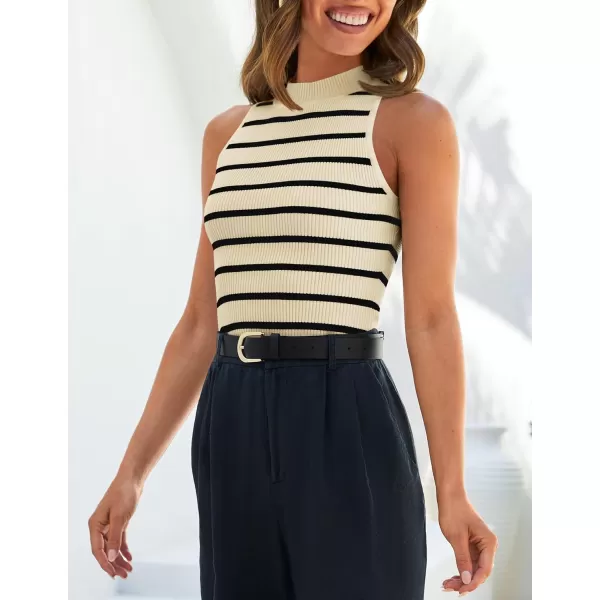 imageZESICA Womens Ribbed Tank Tops High Neck Slim Fitted Striped Basic Casual Summer Sleeveless ShirtsApricot