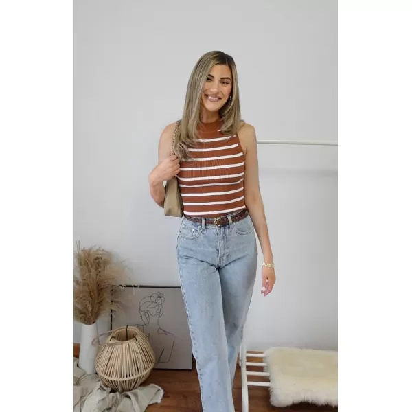 imageZESICA Womens Ribbed Tank Tops High Neck Slim Fitted Striped Basic Casual Summer Sleeveless ShirtsBrown