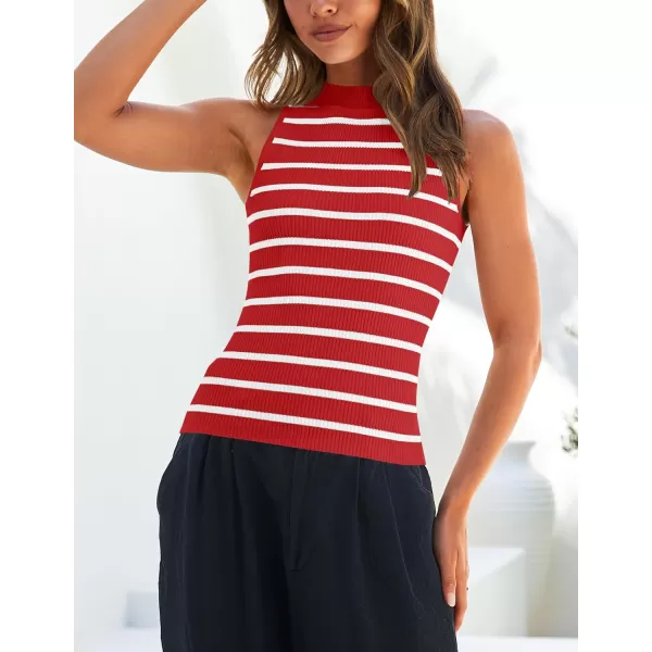 imageZESICA Womens Ribbed Tank Tops High Neck Slim Fitted Striped Basic Casual Summer Sleeveless ShirtsRed