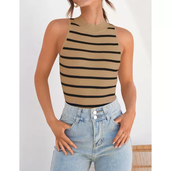 imageZESICA Womens Ribbed Tank Tops High Neck Slim Fitted Striped Basic Casual Summer Sleeveless ShirtsToffee