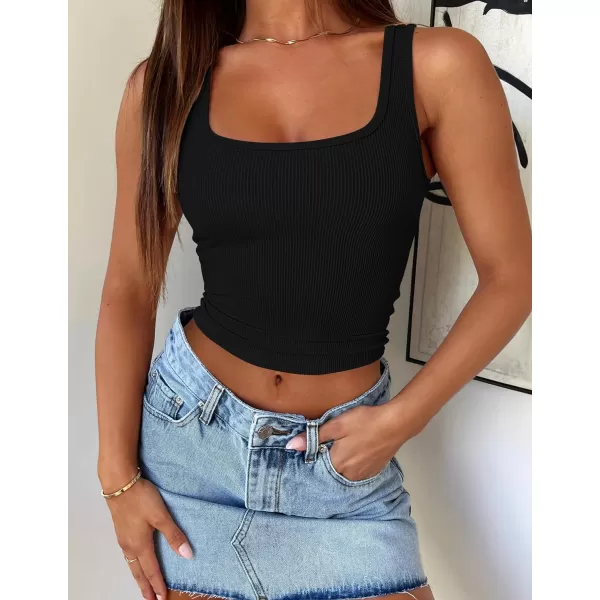 imageZESICA Womens Ribbed Tank Tops Square Neck Summer Sleeveless Shirts Fitted Basic Casual Crop TopsBlack
