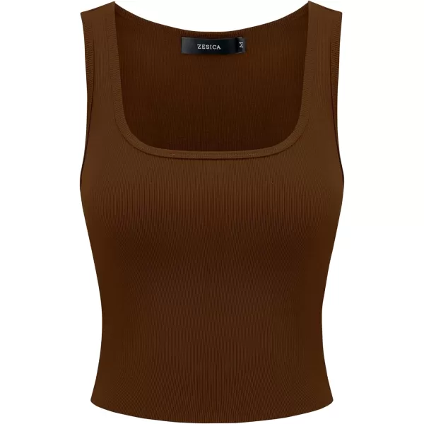 imageZESICA Womens Ribbed Tank Tops Square Neck Summer Sleeveless Shirts Fitted Basic Casual Crop TopsBrown