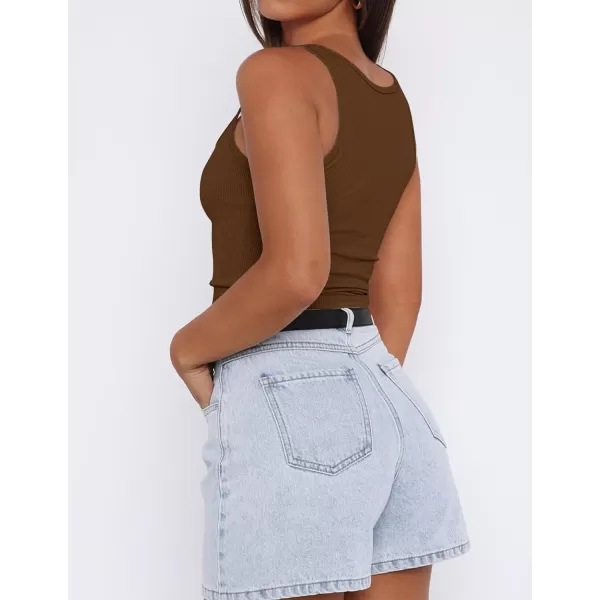 imageZESICA Womens Ribbed Tank Tops Square Neck Summer Sleeveless Shirts Fitted Basic Casual Crop TopsBrown