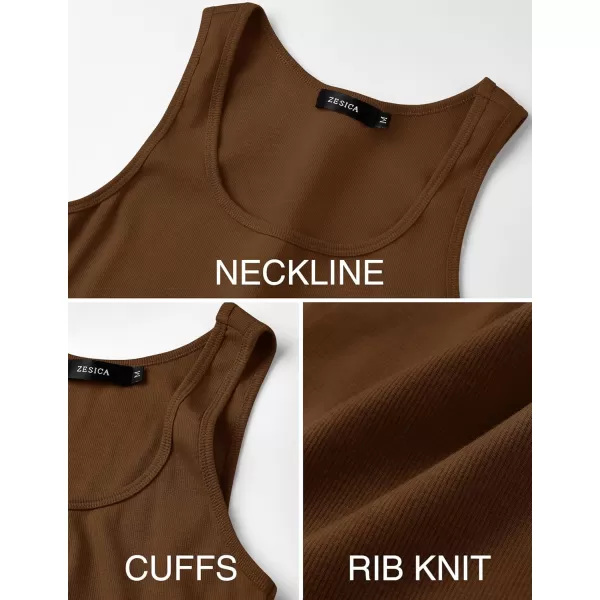 imageZESICA Womens Ribbed Tank Tops Square Neck Summer Sleeveless Shirts Fitted Basic Casual Crop TopsBrown