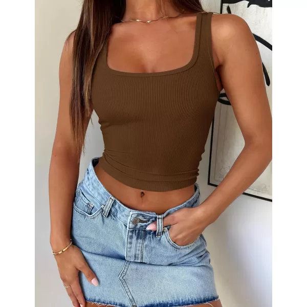 imageZESICA Womens Ribbed Tank Tops Square Neck Summer Sleeveless Shirts Fitted Basic Casual Crop TopsBrown
