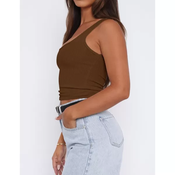 imageZESICA Womens Ribbed Tank Tops Square Neck Summer Sleeveless Shirts Fitted Basic Casual Crop TopsBrown