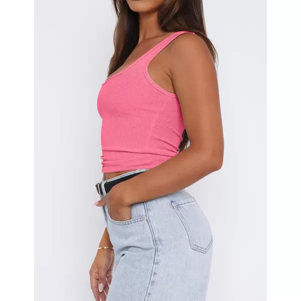 imageZESICA Womens Ribbed Tank Tops Square Neck Summer Sleeveless Shirts Fitted Basic Casual Crop TopsPink