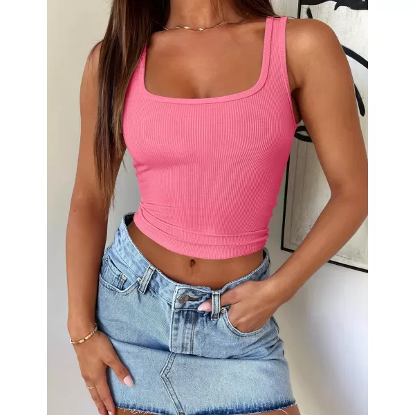 imageZESICA Womens Ribbed Tank Tops Square Neck Summer Sleeveless Shirts Fitted Basic Casual Crop TopsPink