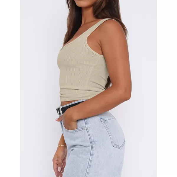 imageZESICA Womens Ribbed Tank Tops Square Neck Summer Sleeveless Shirts Fitted Basic Casual Crop TopsSand