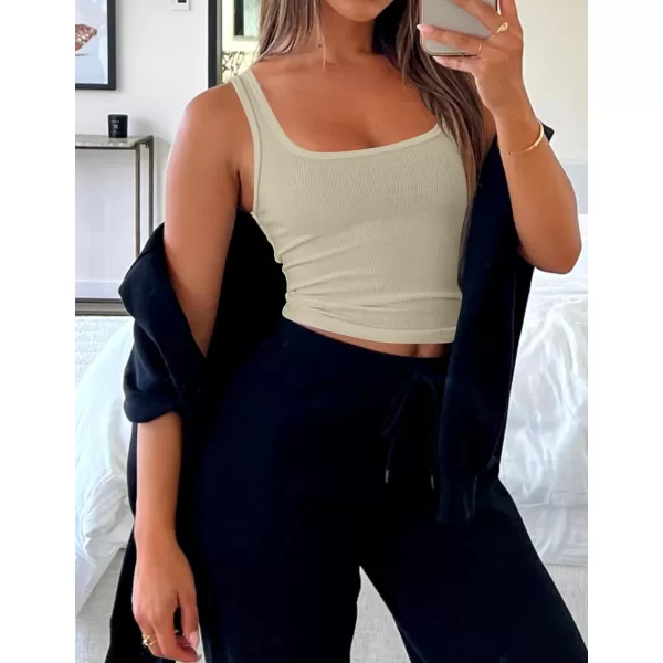 imageZESICA Womens Ribbed Tank Tops Square Neck Summer Sleeveless Shirts Fitted Basic Casual Crop TopsSand