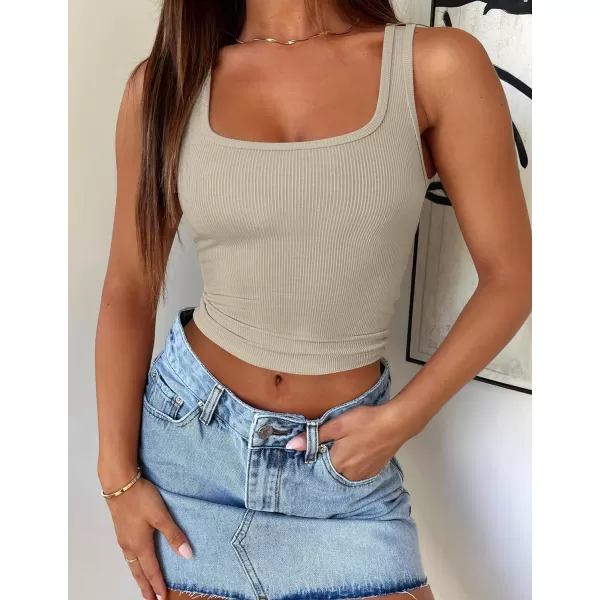 imageZESICA Womens Ribbed Tank Tops Square Neck Summer Sleeveless Shirts Fitted Basic Casual Crop TopsSand