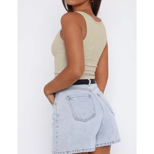 imageZESICA Womens Ribbed Tank Tops Square Neck Summer Sleeveless Shirts Fitted Basic Casual Crop TopsSand