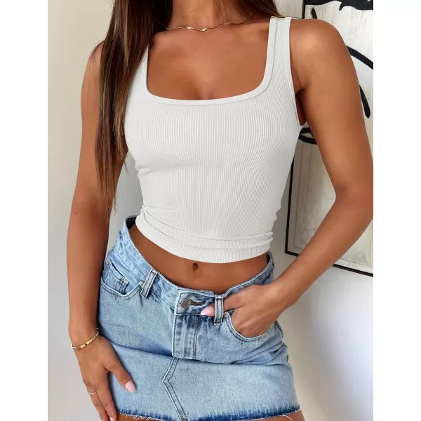 imageZESICA Womens Ribbed Tank Tops Square Neck Summer Sleeveless Shirts Fitted Basic Casual Crop TopsWhite