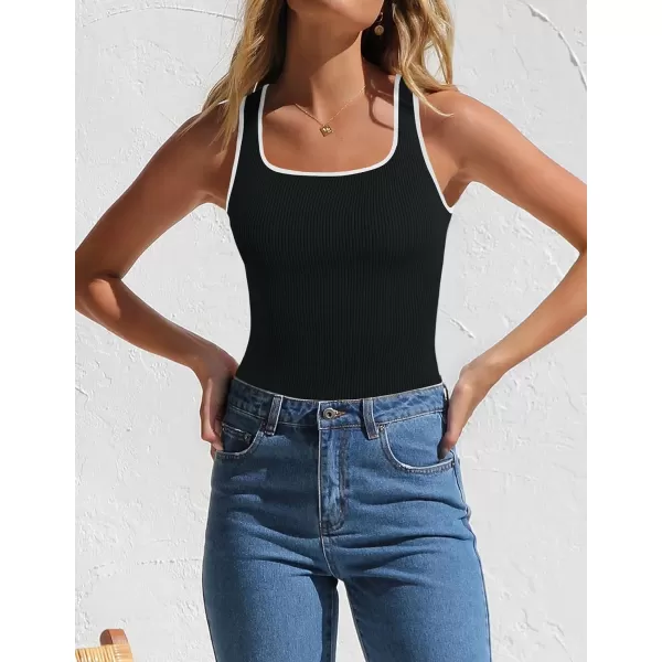 imageZESICA Womens Ribbed Tank Tops Square Neck Summer Sleeveless Slim Fitted Color Block Basic Knit Tee ShirtsBlack