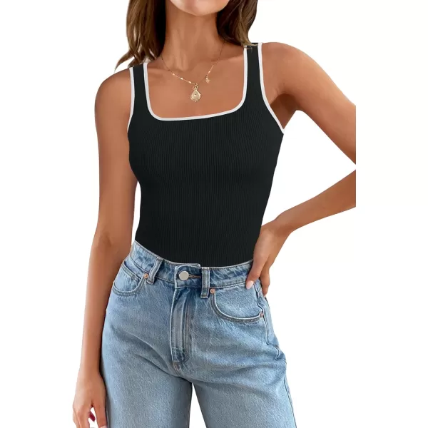 imageZESICA Womens Ribbed Tank Tops Square Neck Summer Sleeveless Slim Fitted Color Block Basic Knit Tee ShirtsBlack