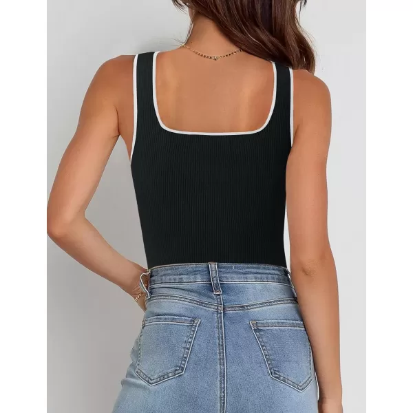 imageZESICA Womens Ribbed Tank Tops Square Neck Summer Sleeveless Slim Fitted Color Block Basic Knit Tee ShirtsBlack