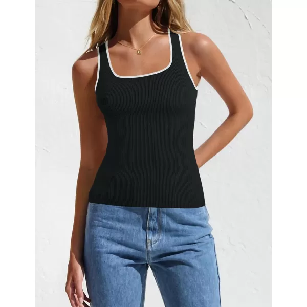 imageZESICA Womens Ribbed Tank Tops Square Neck Summer Sleeveless Slim Fitted Color Block Basic Knit Tee ShirtsBlack