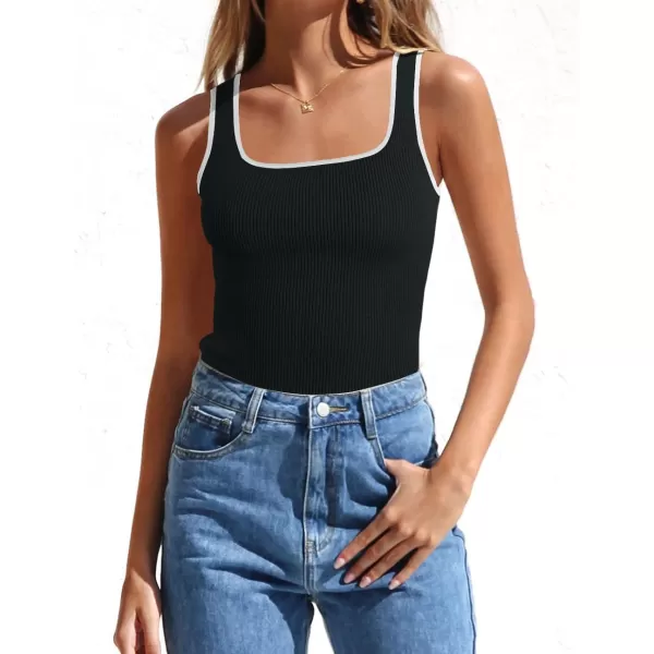 imageZESICA Womens Ribbed Tank Tops Square Neck Summer Sleeveless Slim Fitted Color Block Basic Knit Tee ShirtsBlack