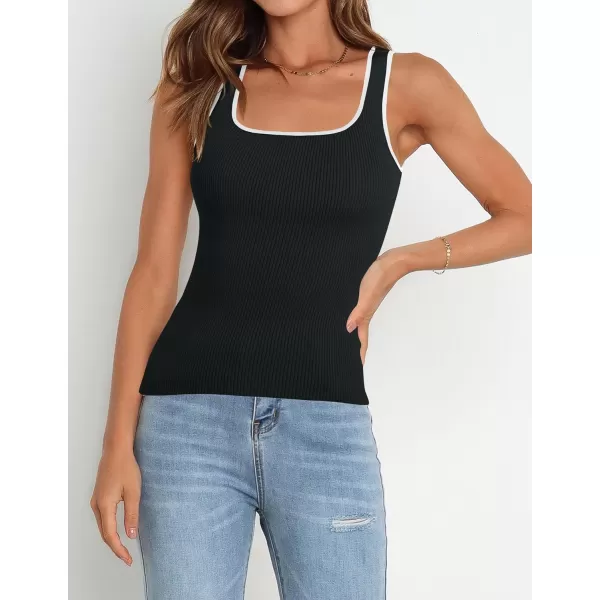 imageZESICA Womens Ribbed Tank Tops Square Neck Summer Sleeveless Slim Fitted Color Block Basic Knit Tee ShirtsBlack