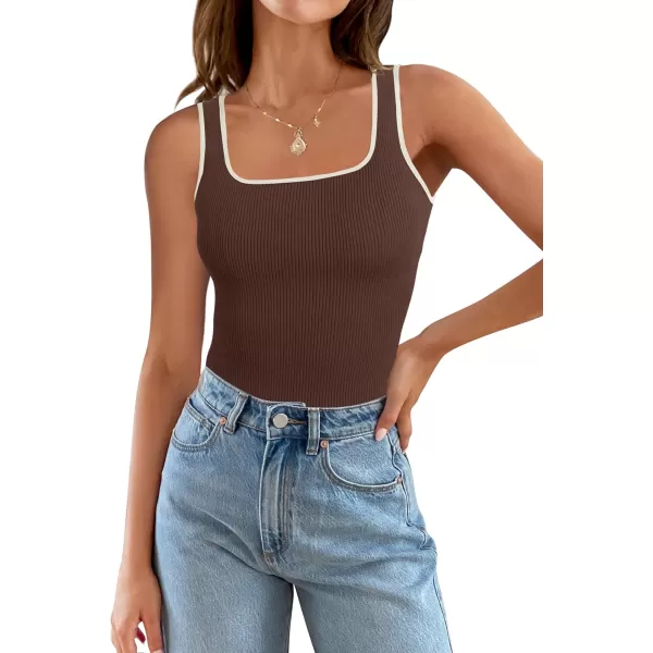 imageZESICA Womens Ribbed Tank Tops Square Neck Summer Sleeveless Slim Fitted Color Block Basic Knit Tee ShirtsCoffee