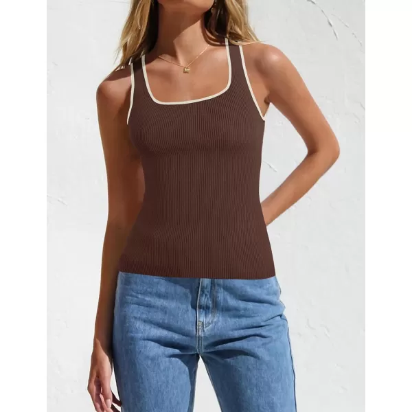 imageZESICA Womens Ribbed Tank Tops Square Neck Summer Sleeveless Slim Fitted Color Block Basic Knit Tee ShirtsCoffee